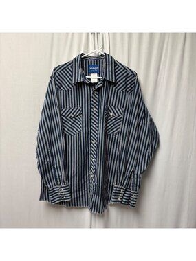 Wrangler Western Shirt Mens Size XL Blue Gray Striped Pearl Snaps Long Sleeve